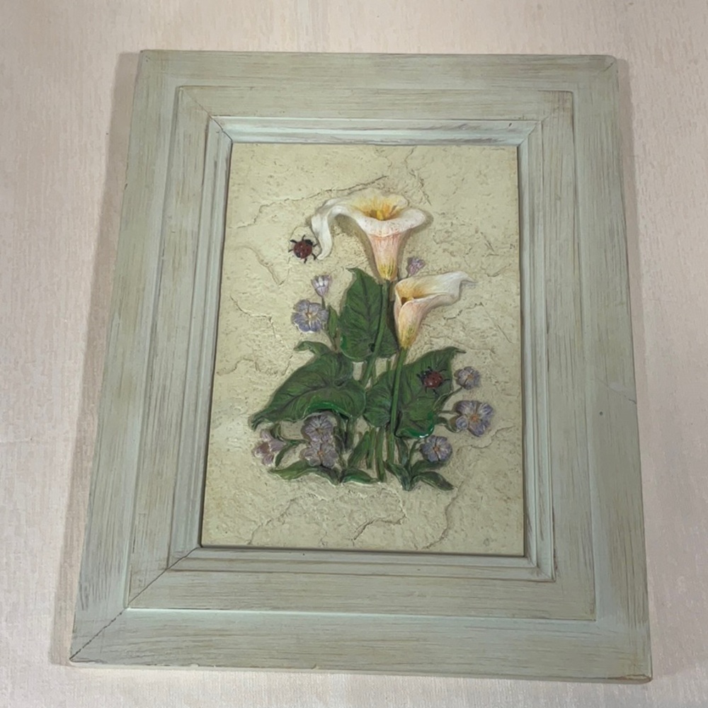 3D Floral Calla Lilies & Lady bugs Resin Wall Art with Cream Frame